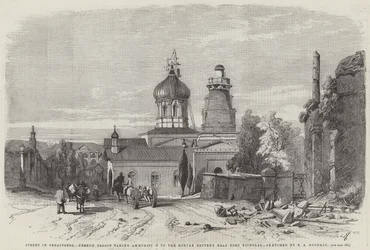 セバストポルの通り、ニコラス砦近くの砲兵砲台に弾薬を運ぶフランス軍